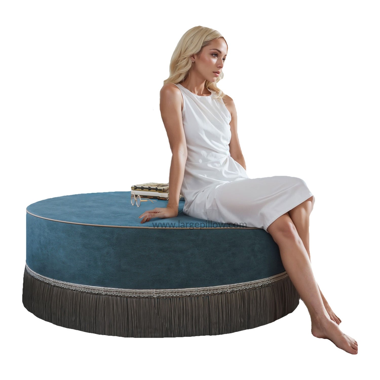 24KF Pouf Rotondo Imbottito In Lino Con Ripiano In Legno - Ottomano Grande Stile Artigiano Per Soggiorno (Carbone)