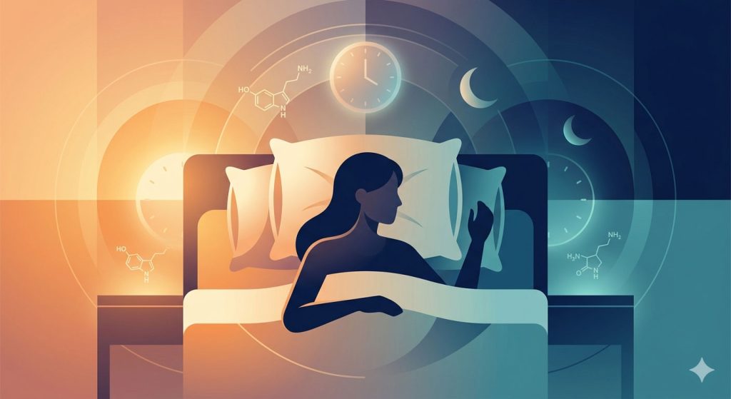 The Science of Better Sleep: Evidence-Based Strategies for Quality Rest 1 A minimalist modern concept illustration representing the science of sleep and circadian rhythm with a peaceful person resting in bed.