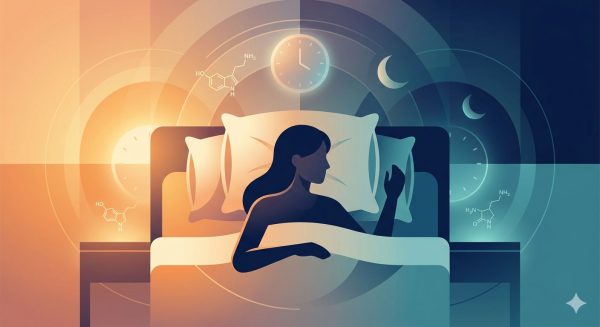 A minimalist modern concept illustration representing the science of sleep and circadian rhythm with a peaceful person resting in bed.